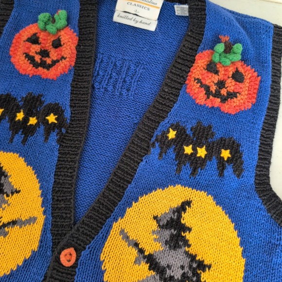 Vintage Marisa Christina L Blue Halloween Cat Moon Stars Knit Vest Ugly Sweater - Picture 5 of 9